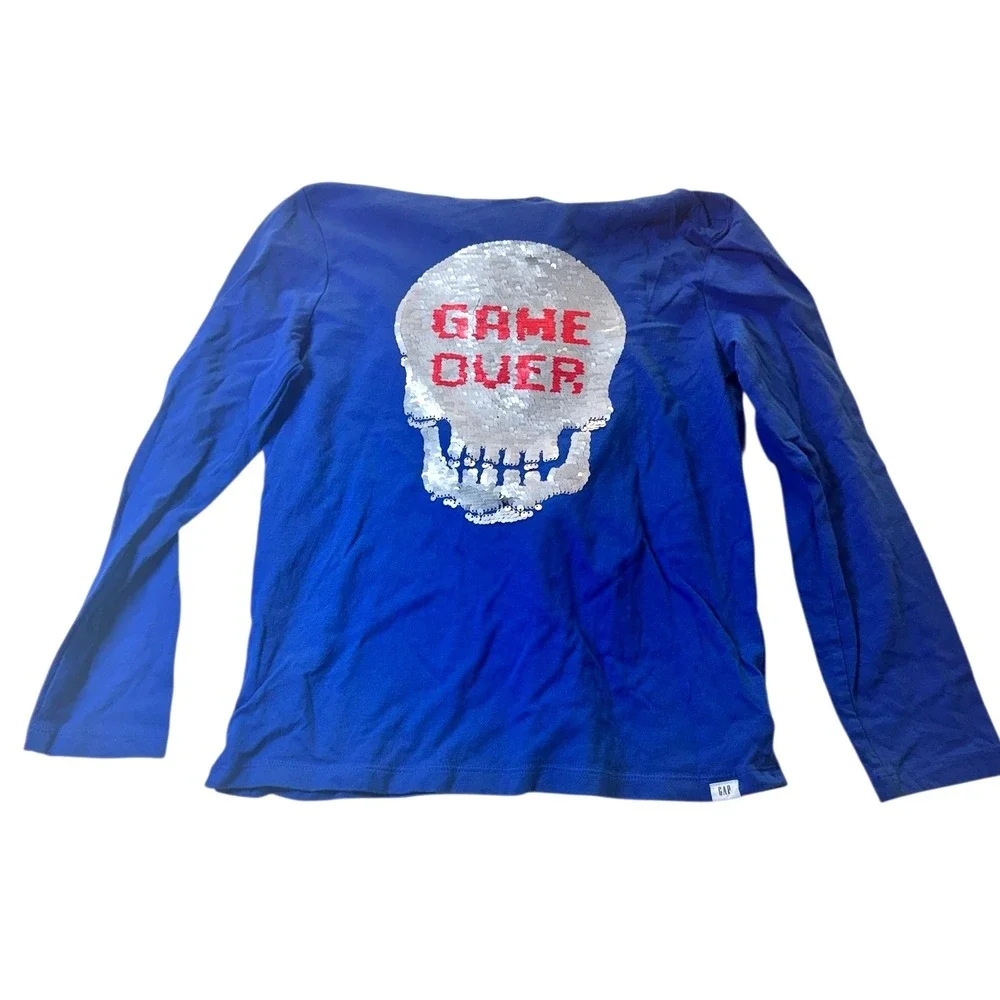 GAP Kid Blue Long Sleeve Hoodie Shirt Sequin Skull Game Over M Changes 2 Designs